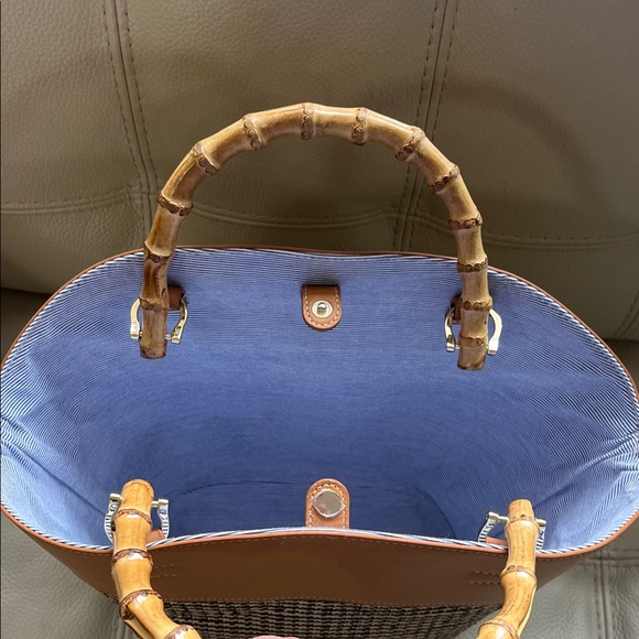 J McLaughlin Elpis Woven Straw Handbag Bamboo Handles Leather Upper Trim. - Picture 11 of 13